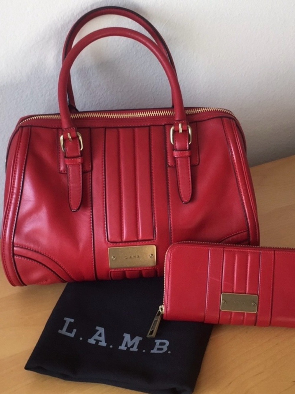 L.A.M.B Red Leather Satchel and Wallet Bag Set